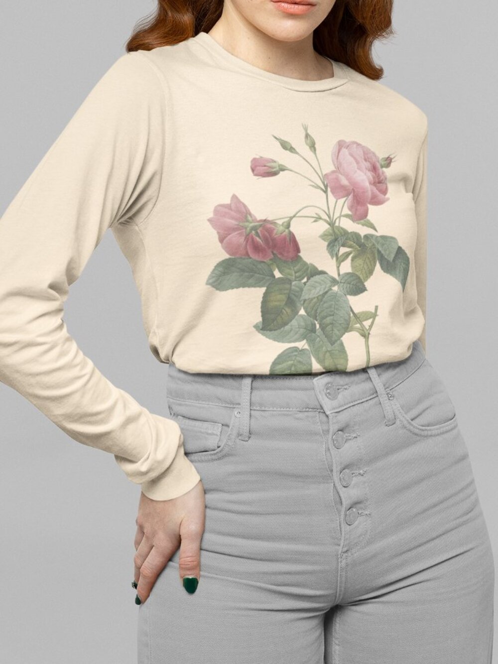 Rose Vintage Floral Print Long Sleeve Graphic Tee T-shirt S-XXL